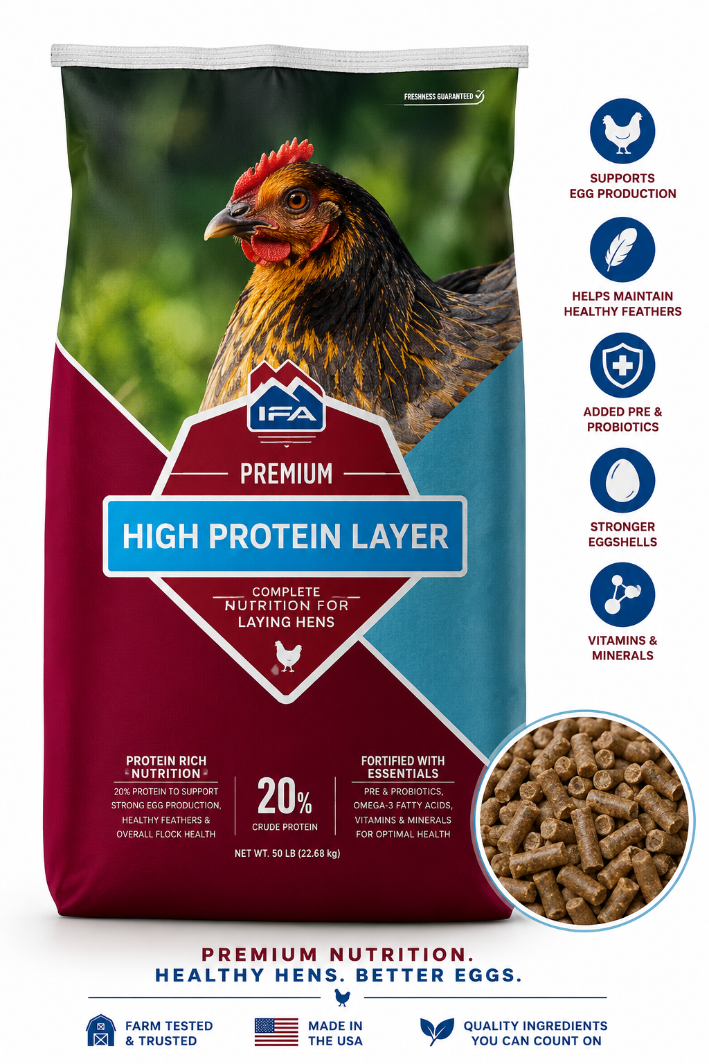 IFA Premium High Protein Layer Pellets – 50 lb Poultry Feed